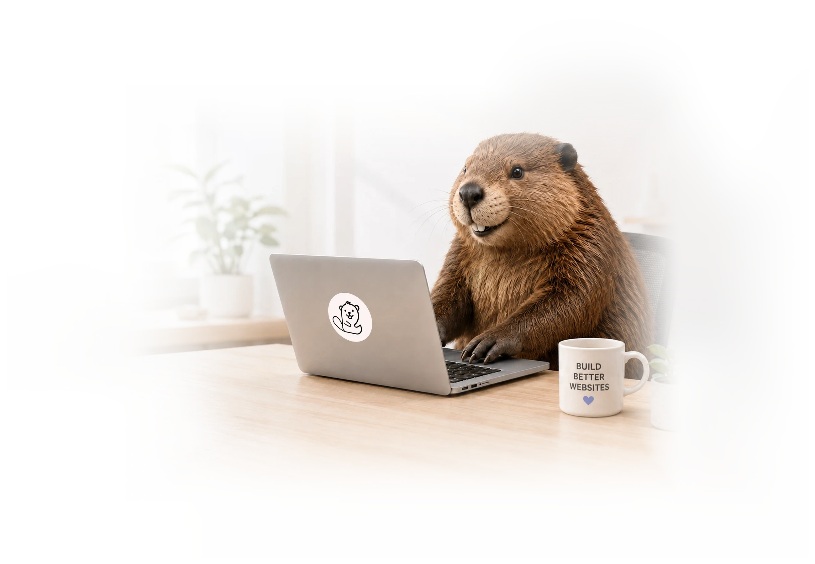 A beaver working at a laptop on a bright desk, used as Hey Beaver hero artwork.