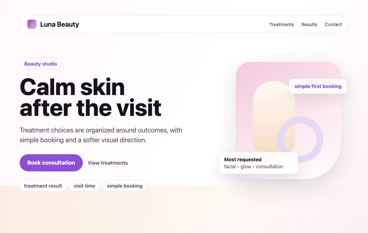 Example website direction for a beauty studio